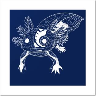 kawaii axolotl in totonac xochimilco pattern style ecopop deep blue Posters and Art